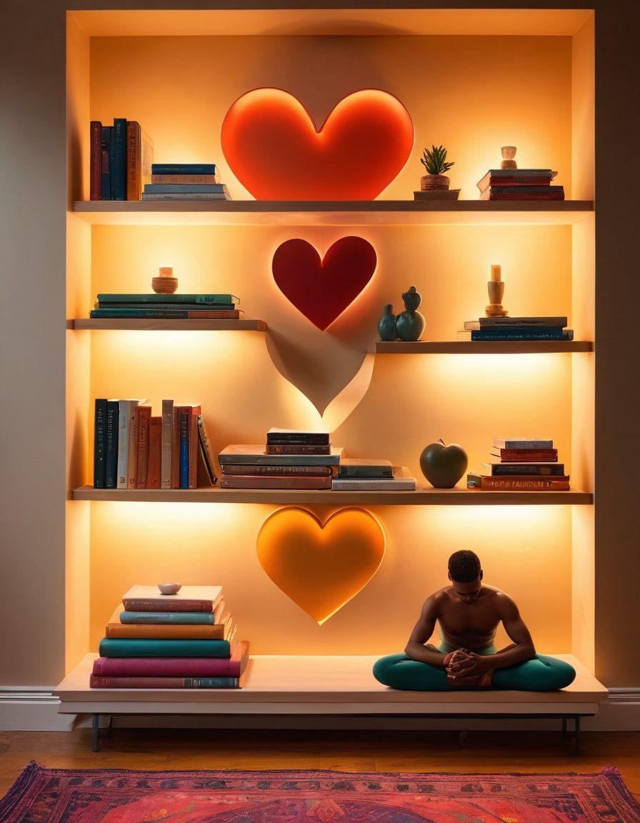 A cozy, intimate setting with a couple engaged in a deep conversation, surrounded by soft lighting and warm colors. In the background, elements symbolizing sexual fitness, like yoga mats and heart-shaped decorations, create a welcoming atmosphere. Include books on relationships and health displayed on a stylish shelf, emphasizing knowledge and growth. The overall vibe should convey warmth, connection, and understanding. vibrant colors. super-realistic.