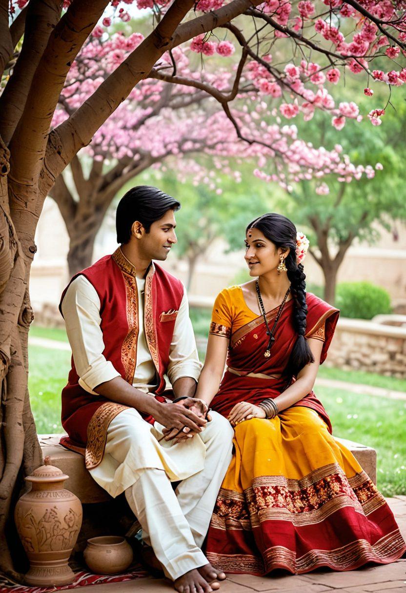 A serene couple sitting under a blossoming tree, sharing a candid, heartfelt conversation, surrounded by traditional Indian motifs and symbols of love. Warm, inviting colors to evoke a sense of intimacy and connection, with subtle hints of cultural richness such as handwoven textiles and ornate pottery. The background should be softly blurred to focus on the couple's expressions. soft focus. vibrant colors. painting.