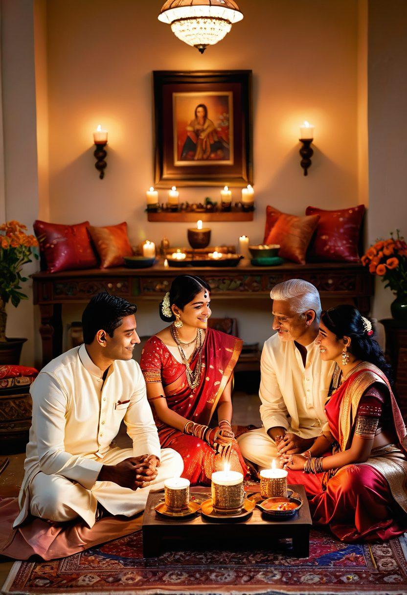 A serene scene depicting a diverse group of Indian couples engaged in open conversations about love and relationships, surrounded by symbols of Indian culture such as traditional art and vibrant textiles. Soft warm lighting enhances the intimate atmosphere, with elements like flowers and candles to symbolize empowerment and connection. The background showcases a blend of urban and traditional Indian architecture. super-realistic. vibrant colors. 3D.